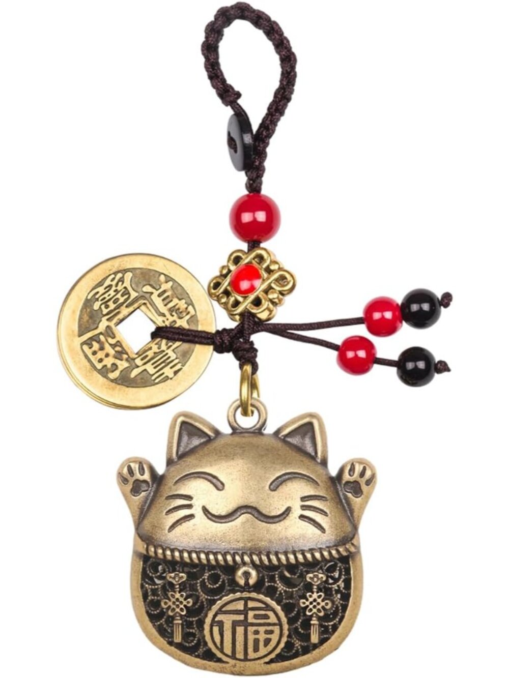 Brass Maneki Neko Lucky Cat Keychain with Feng Shui Coins, Maneki Neko Statue Go